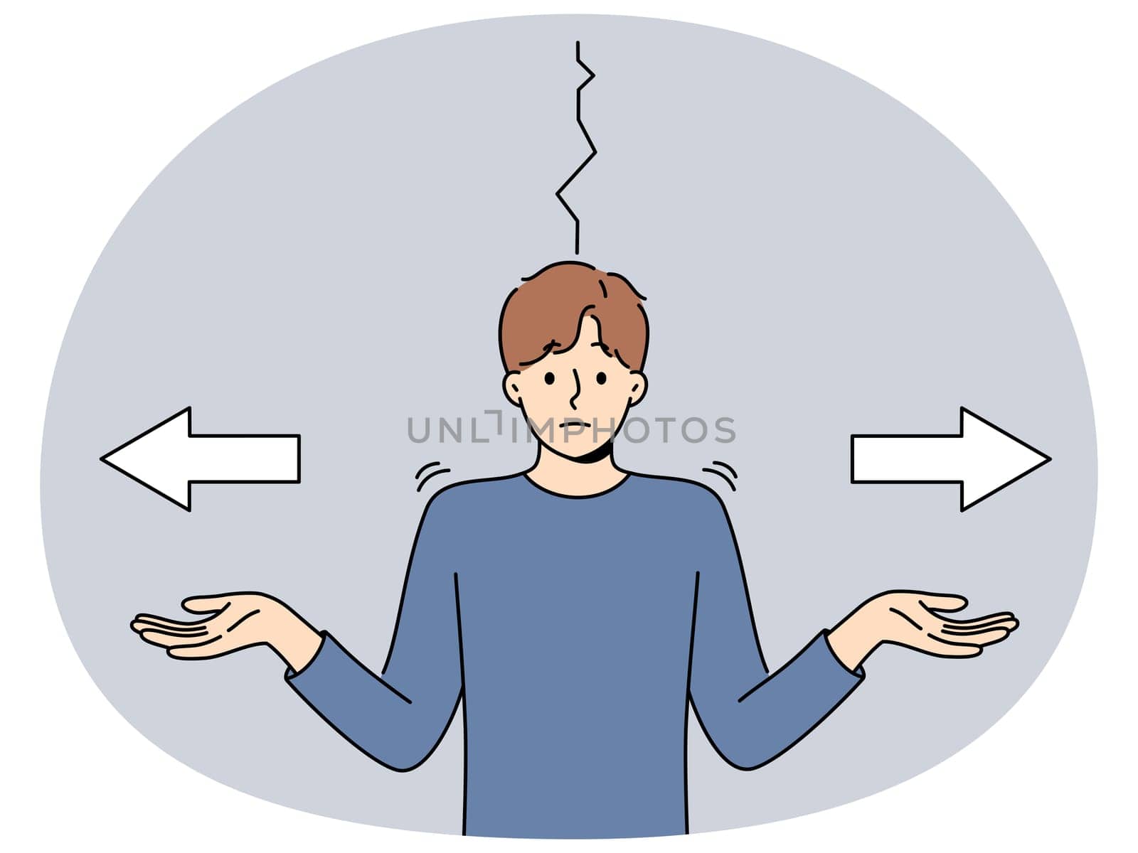 Puzzled man cannot make decision and spreads hands standing next to arrows pointing in different directions. Puzzled guy faces difficult choice and shrugs shoulders to ask for help