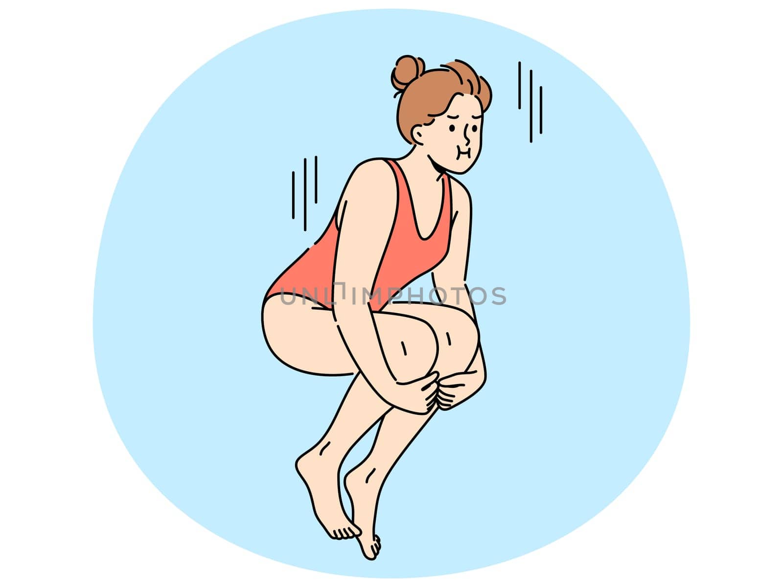Woman swimmer jumps from springboard to dive underwater into pool or sea. Girl in swimsuit dives into pool while participating in ski jumping or synchronized swimming competitions.