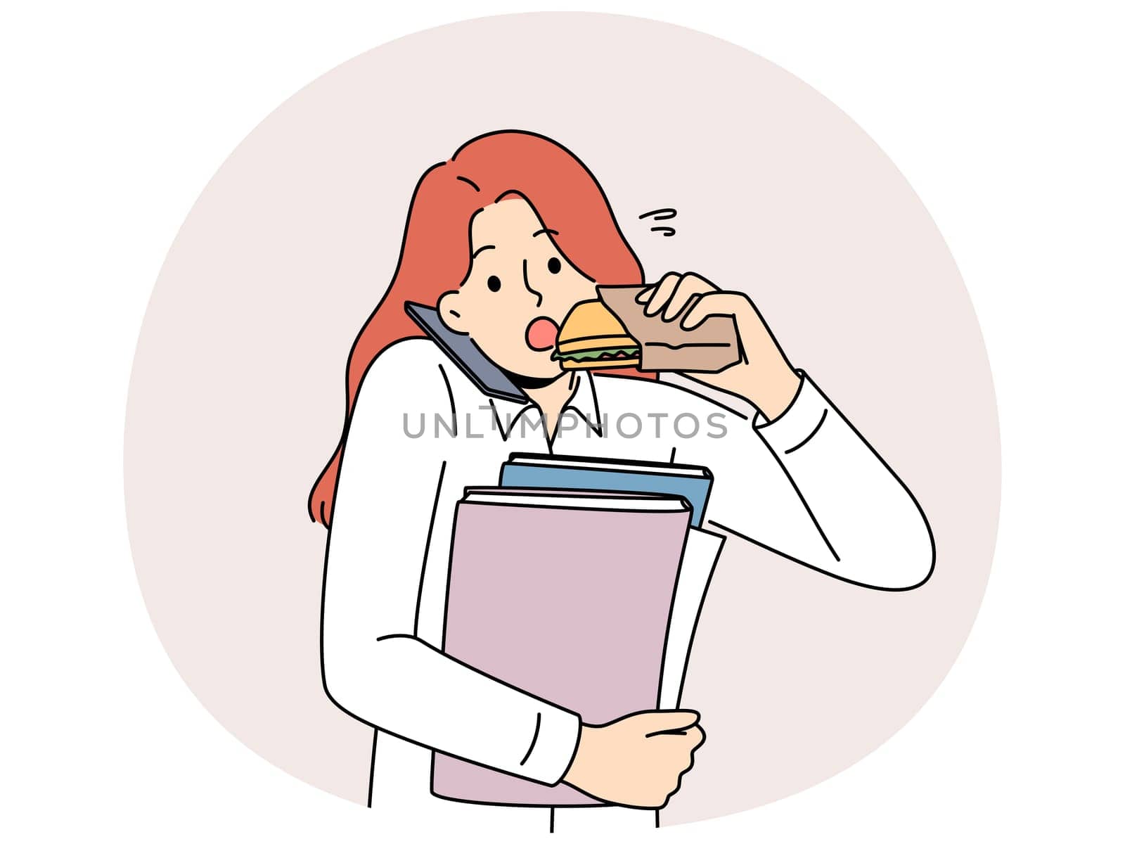 Busy multitasking woman answers phone biting on sandwich to save time at lunch. Young businesswoman with folders in hands eats and works in multitasking mode, wishing to succeed in career