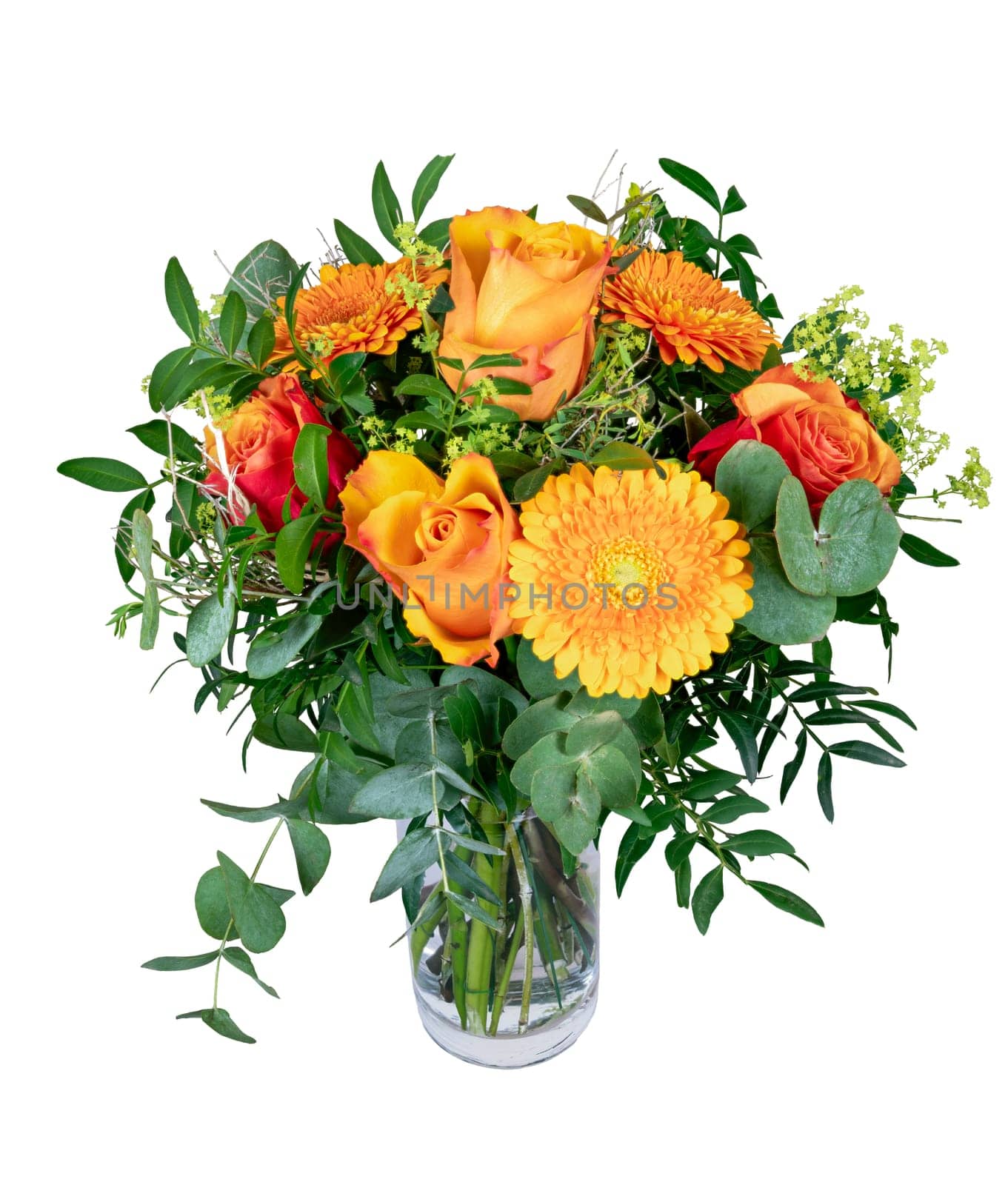 Closeup of an isolated flower arrangement in a glass vase