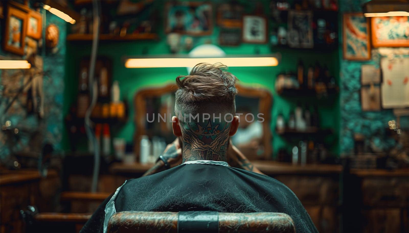 Hipster handsome man sitting in barbershop. master Barber does the hairstyle and styling with dryer, dries hair to guy. Concept Barbershop. many tattooed male Hairstyling