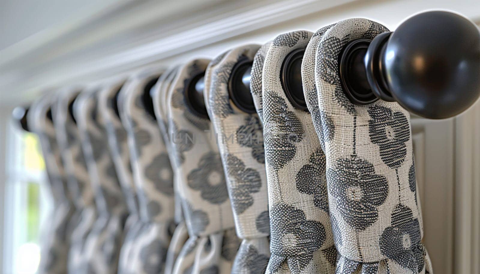 Ceiling cornice with drapes white curtain or tulle. Interior details close up. White ceiling, plastic ceiling cornice with two rails brown matting fabric curtains and transparent curtains near window. Close up