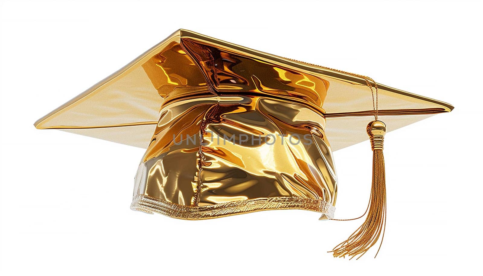 Graduate college, high school or university cap isolated on white background. Gold 3d degree ceremony hat. Golden educational student symbol isolated