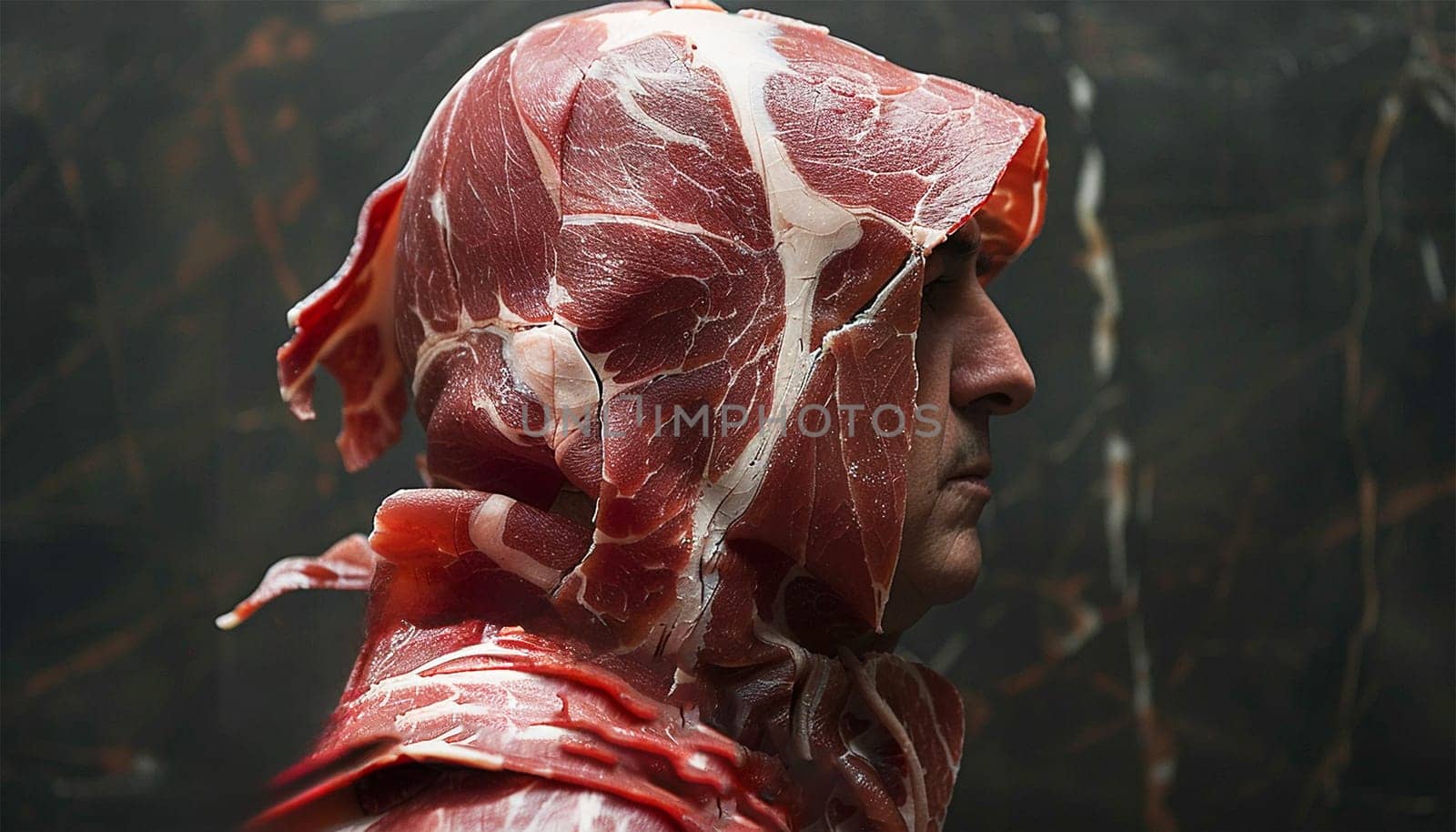 Man wearing meat. Butcher examining meat hanging in industry. Concept for the meat industry. Professional business Butcher portrait