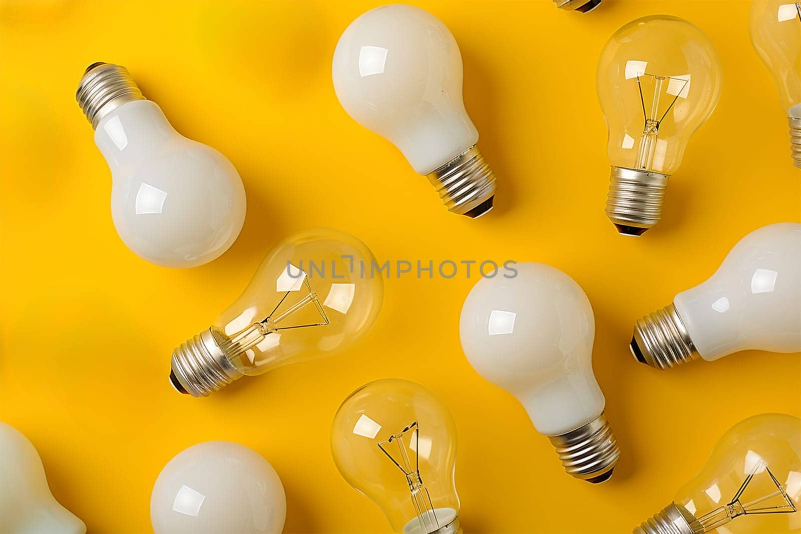 Business creativity and inspiration concepts with lightbulb and pencil on yellow background. motivation for success. think big ideas top view creative