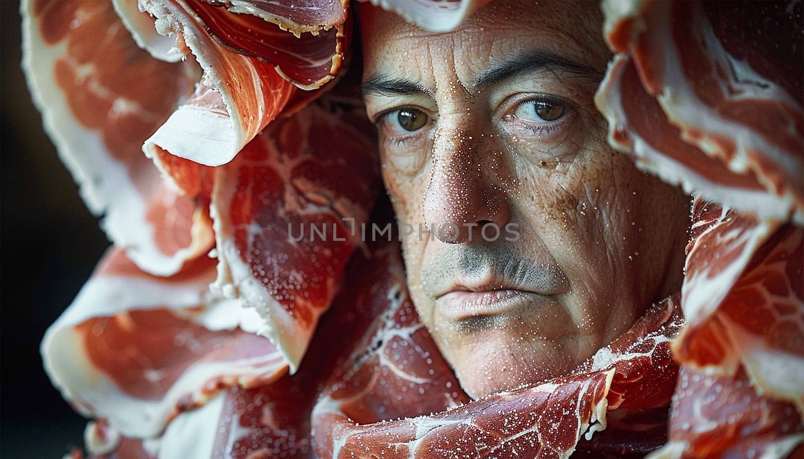 Man wearing meat. Butcher examining meat hanging in industry. Concept for the meat industry. Professional business Butcher portrait