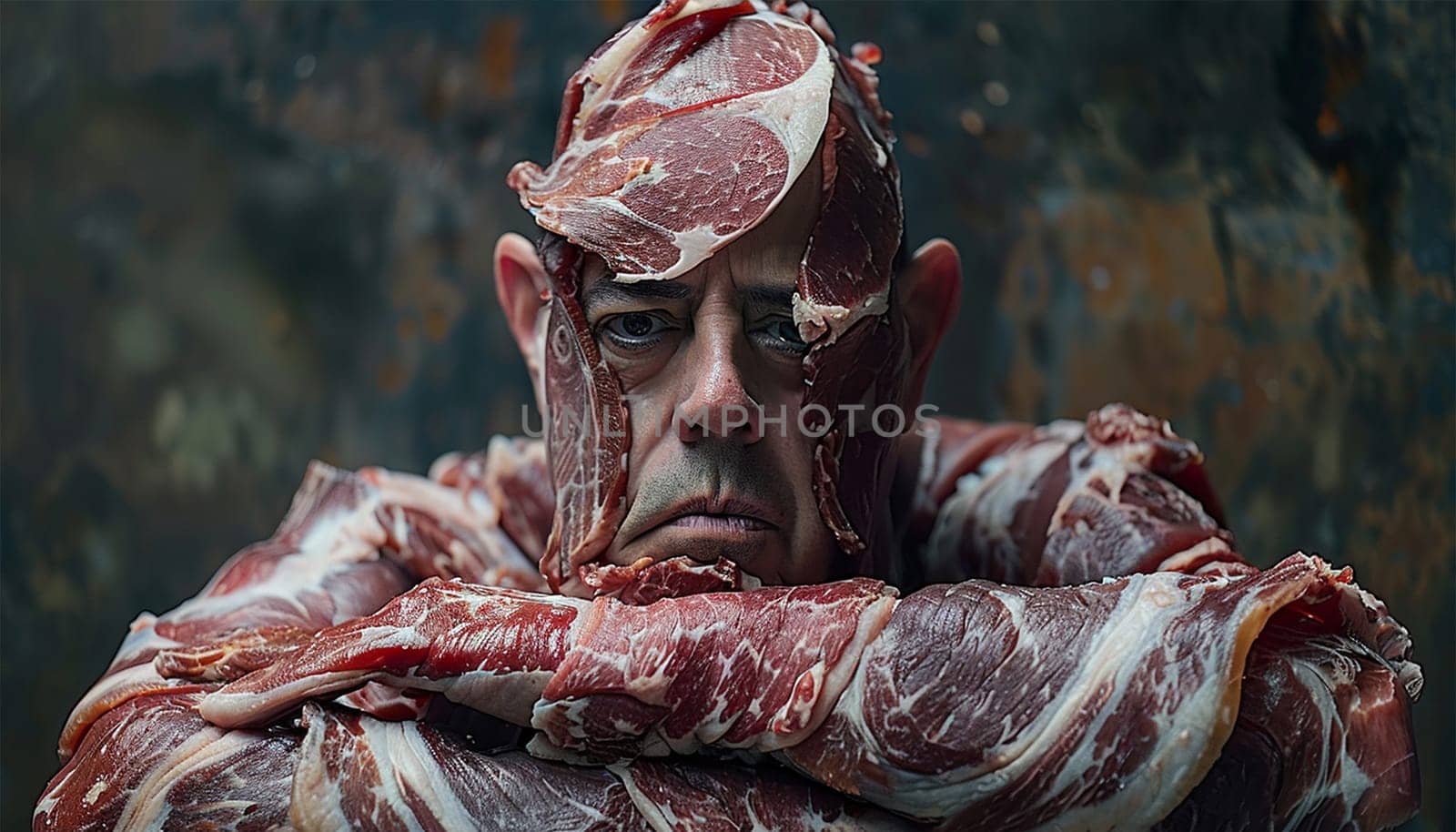 Man wearing meat. Butcher examining meat hanging in industry. Concept for the meat industry. Professional business Butcher portrait
