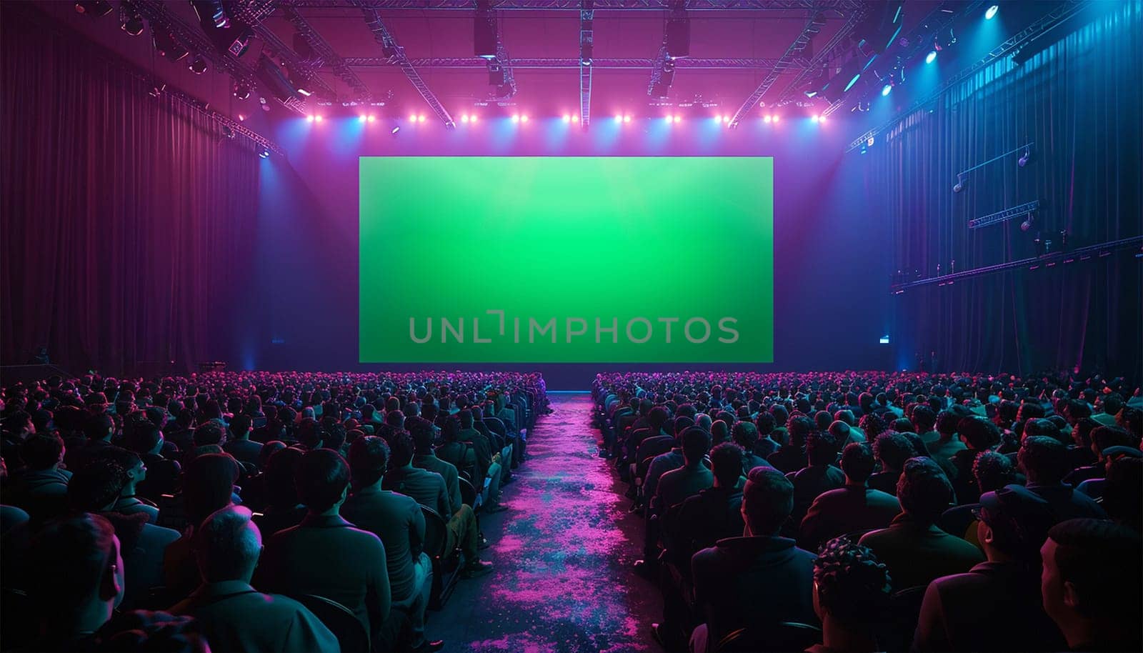 Audience in conference room or theater,movie cinema, Behind Her Movie Theater with Green Screen, Mock-up, Chroma Key. CEO Shows Leadership on Business Live Event or Device Reveal Copy space. Back view of crowd watching show copy space