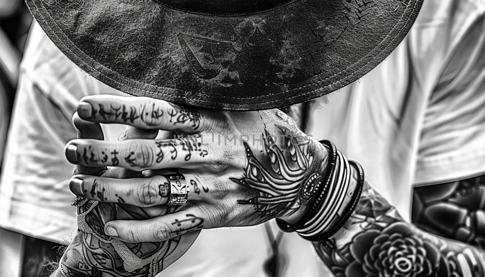 Stylish hipster male with tattoos on body. on his arms and hand. Young man with tattoos on body against black background, closeup Black and white stylish design close up