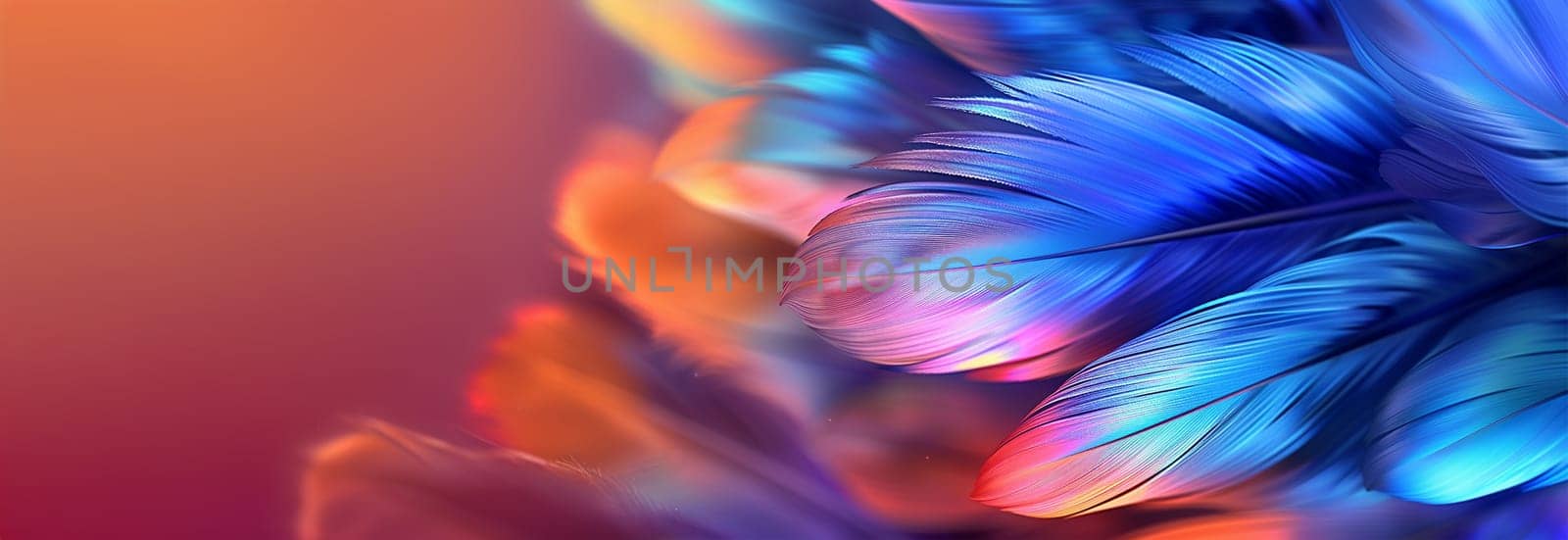 Neon feathers moving smooth. Abstract feather rainbow background. Closeup image fluffy feather under colorful pastel neon. Copy space Beautiful abstract effect