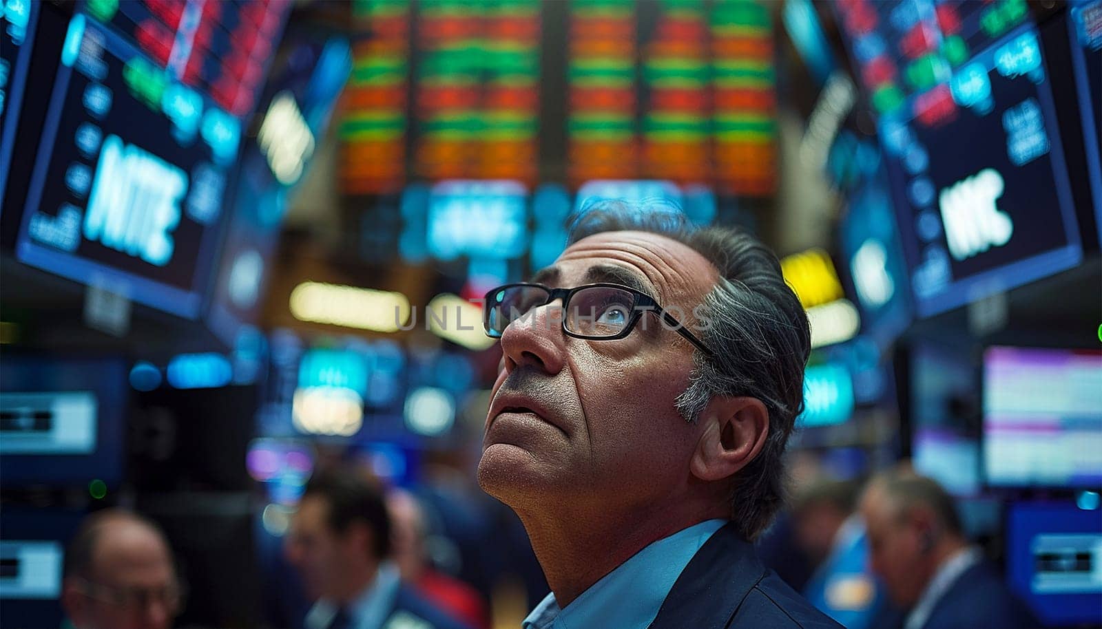 Team of stockbrokers looking at monitor in office with display screens. Analyzing data, graphs and reports for investment purposes. Creative teamwork traders. Successful traders portrait