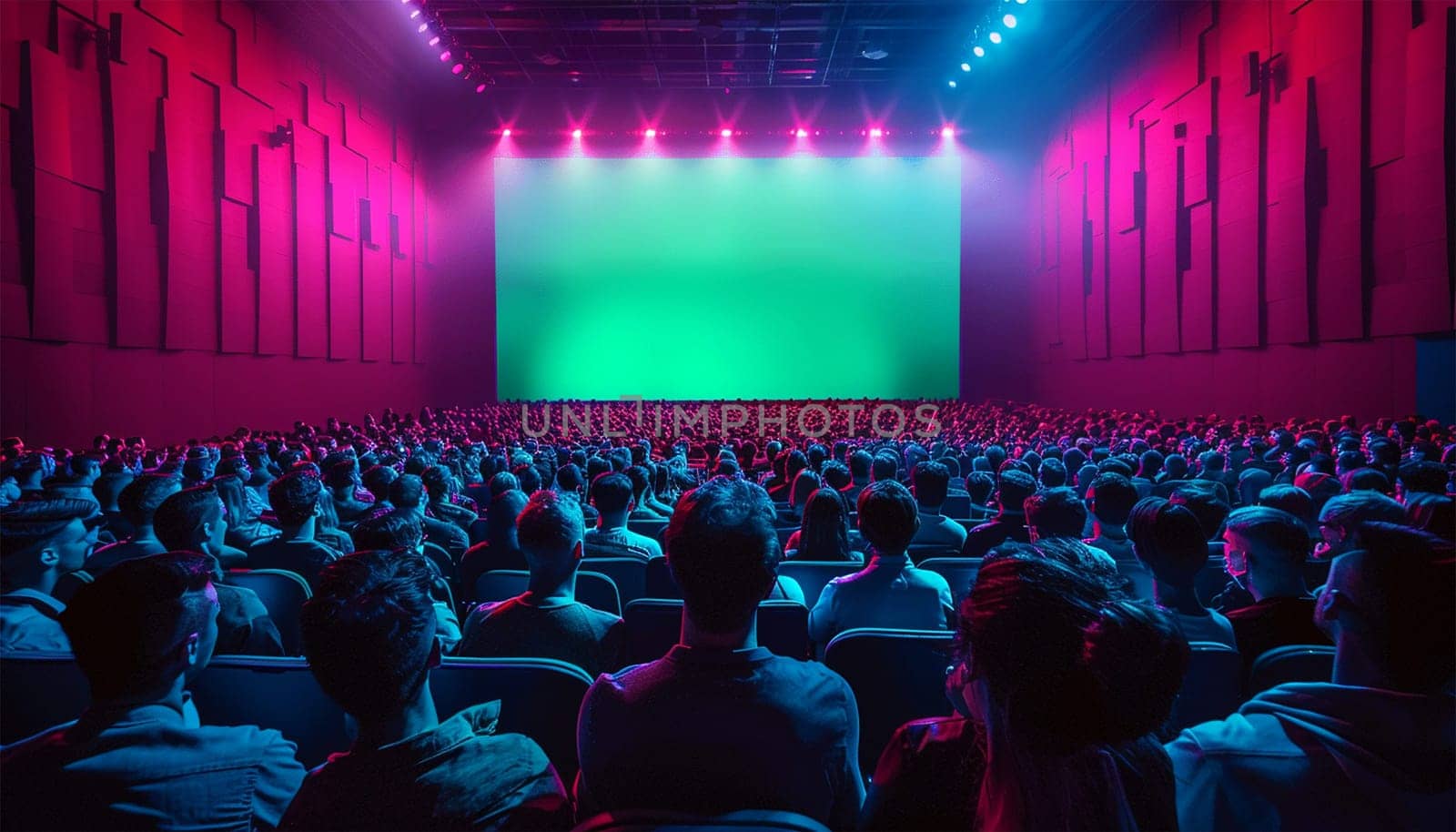 Audience in conference room or theater,movie cinema, Behind Her Movie Theater with Green Screen, Mock-up, Chroma Key. CEO Shows Leadership on Business Live Event or Device Reveal Copy space. Back view of crowd watching show copy space