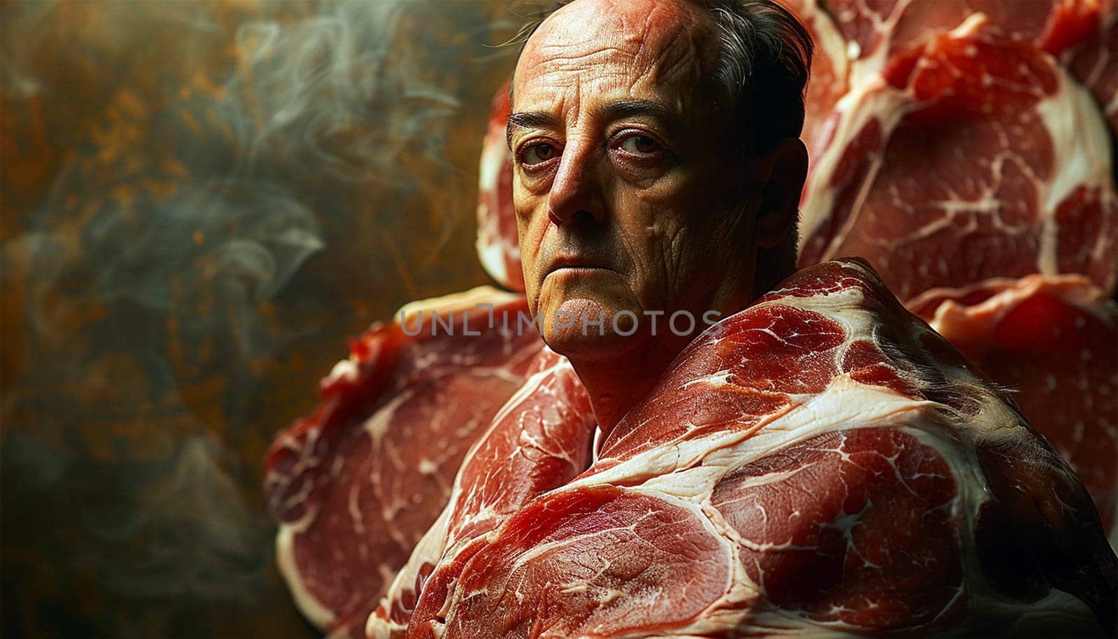 Man wearing meat. Butcher examining meat hanging in industry. Concept for the meat industry. Professional business Butcher portrait