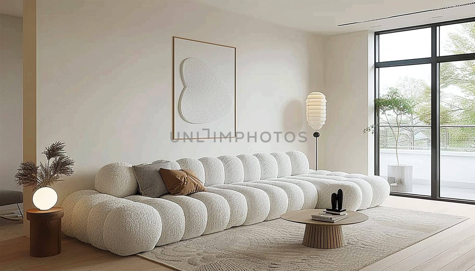 Stylish trendy interior beige colors. interior design spacious bright studio apartment in Scandinavian style and warm pastel white and beige colors. trendy furniture in the living area and modern details in the kitchen area. Modern