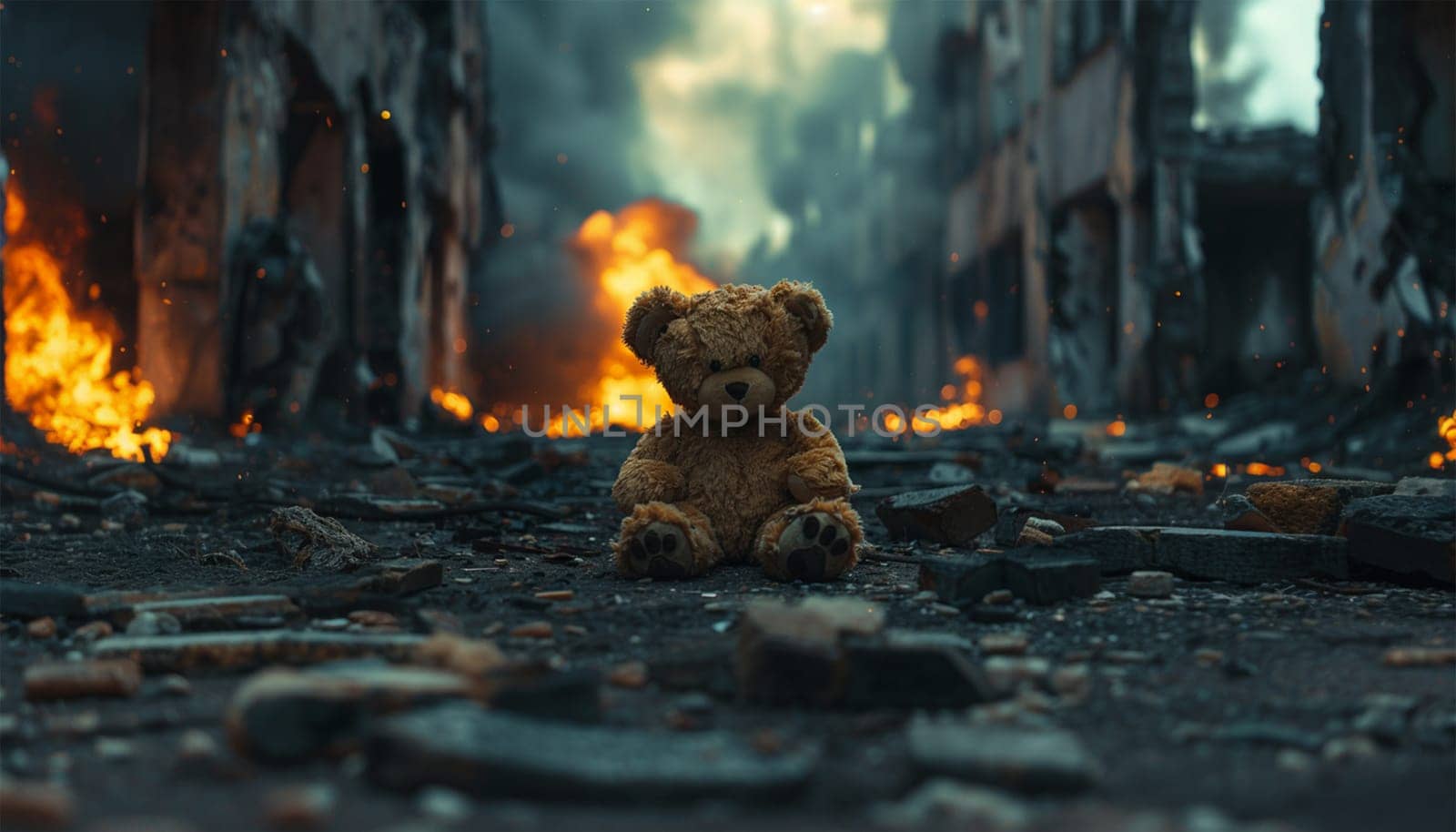 Teddy bear toy destroyed in war, who survived the fire. destructive civilian area during war time, sorrow scenery of war victim, natural disaster, idea for support children's rights. Warzone city on the background.
