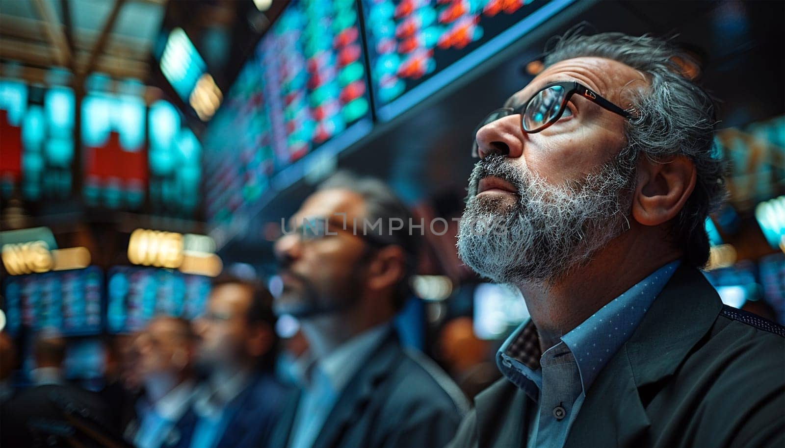 Team of stockbrokers looking at monitor in office with display screens. Analyzing data, graphs and reports for investment purposes. Creative teamwork traders. Successful traders portrait