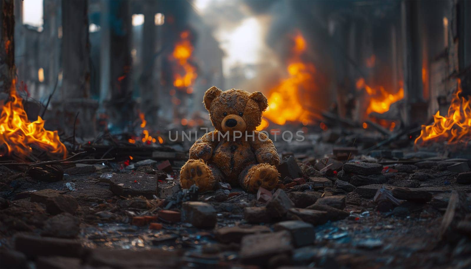 Teddy bear toy destroyed in war, who survived the fire. destructive civilian area during war time, sorrow scenery of war victim, natural disaster, idea for support children's rights. Warzone city on the background.