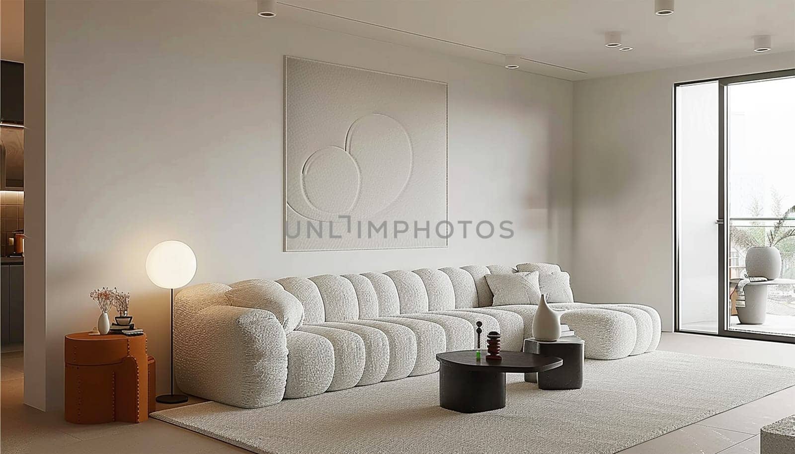 Stylish trendy interior beige colors. interior design spacious bright studio apartment in Scandinavian style and warm pastel white and beige colors. trendy furniture in the living area and modern details in the kitchen area. Modern