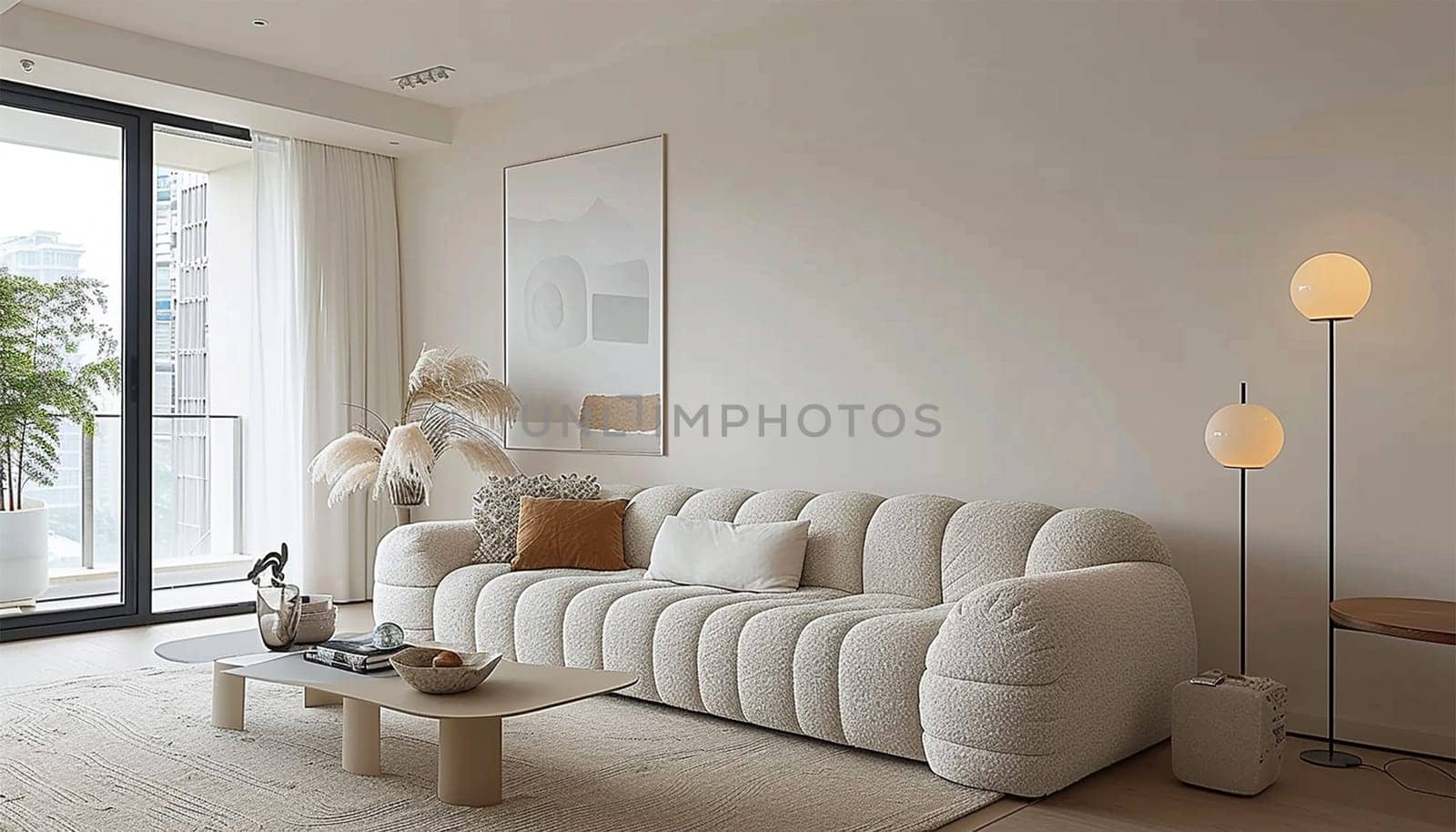 Stylish trendy interior beige colors. interior design spacious bright studio apartment in Scandinavian style and warm pastel white and beige colors. trendy furniture in the living area and modern details in the kitchen area. Modern