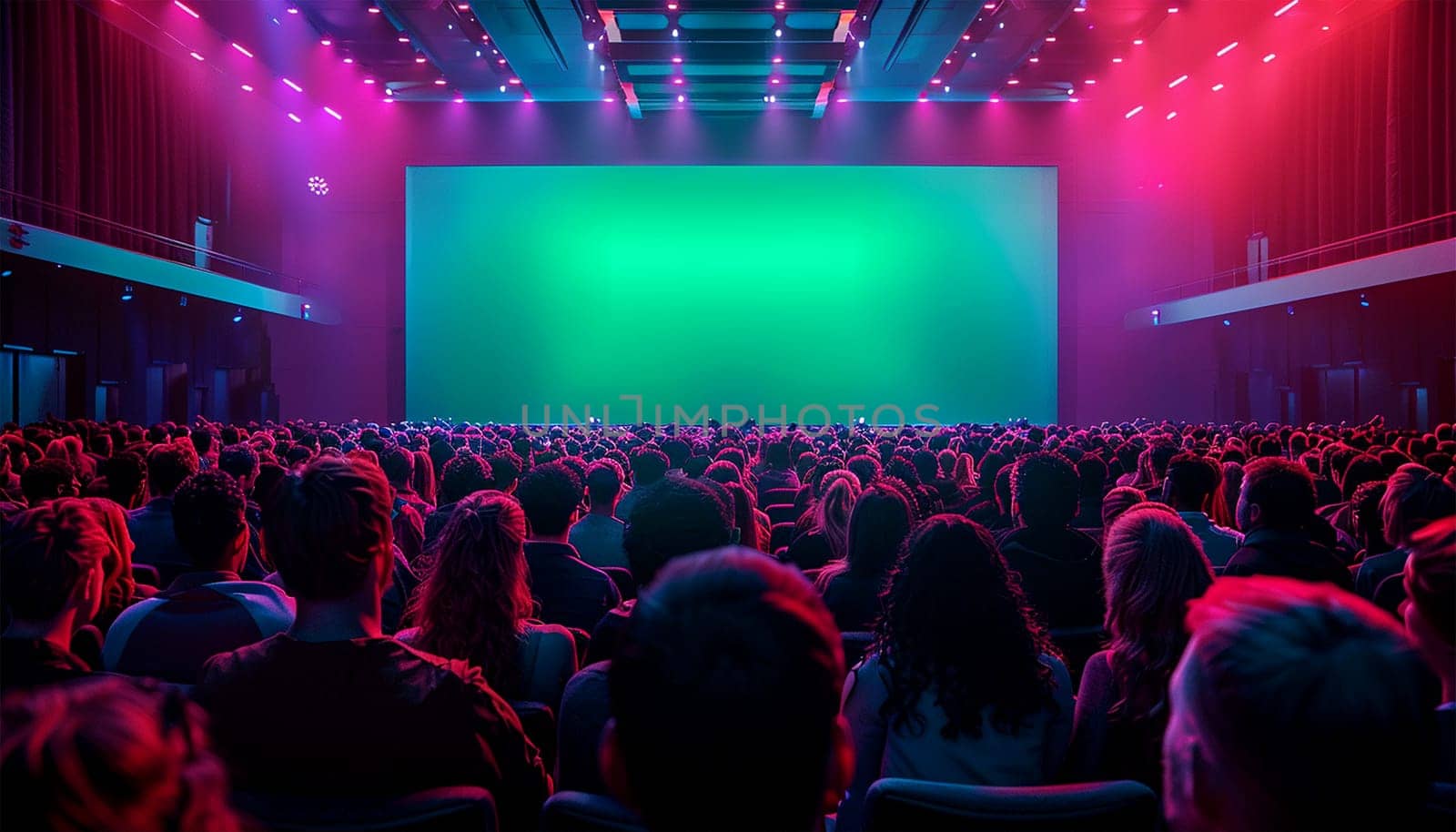 Audience in conference room or theater,movie cinema, Behind Her Movie Theater with Green Screen, Mock-up, Chroma Key. CEO Shows Leadership on Business Live Event or Device Reveal Copy space. Back view of crowd watching show copy space