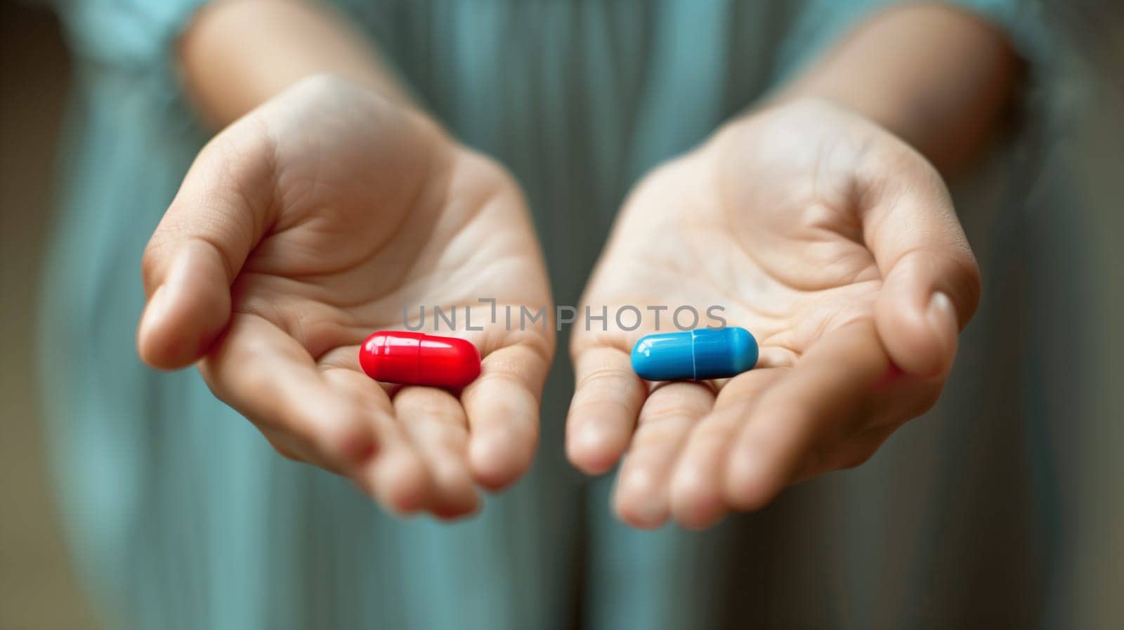 Hands with red and blue pill, making the right choice, knowledge or ignorance, decision between two paths