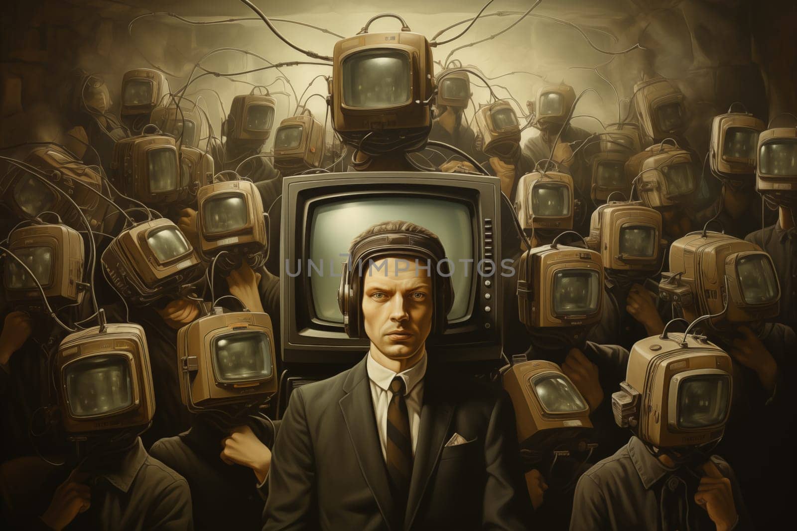 People with TV screens on the brain, addicted to social media, manipulation and mind control, by media, teenager disconnected to reality