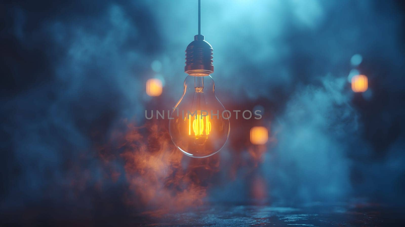 Light bulb on abstract blue background. Innovation, electricity cost, green energy concept.