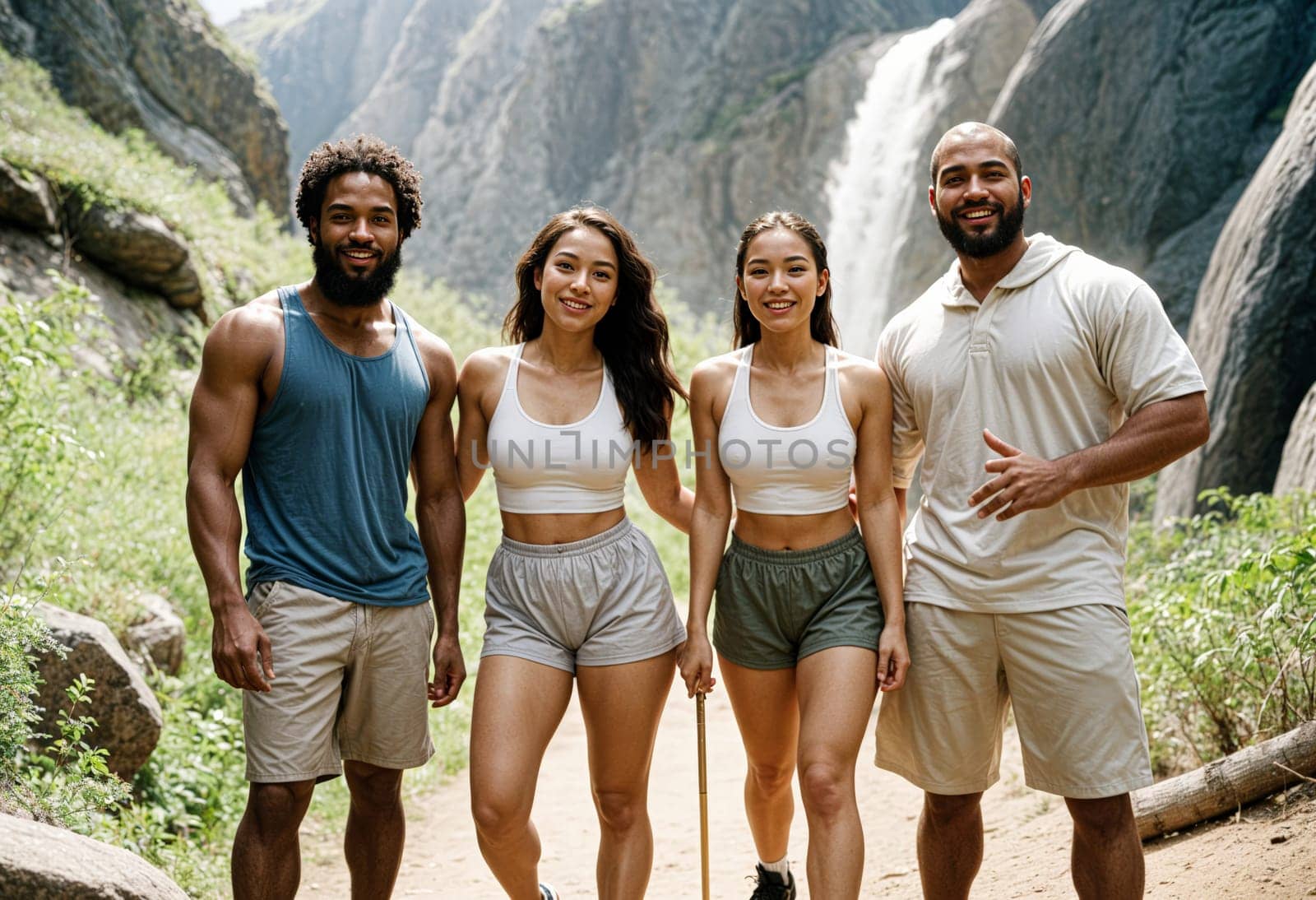 AI generated of a group of friends are posing for a photo with a waterfall behind them