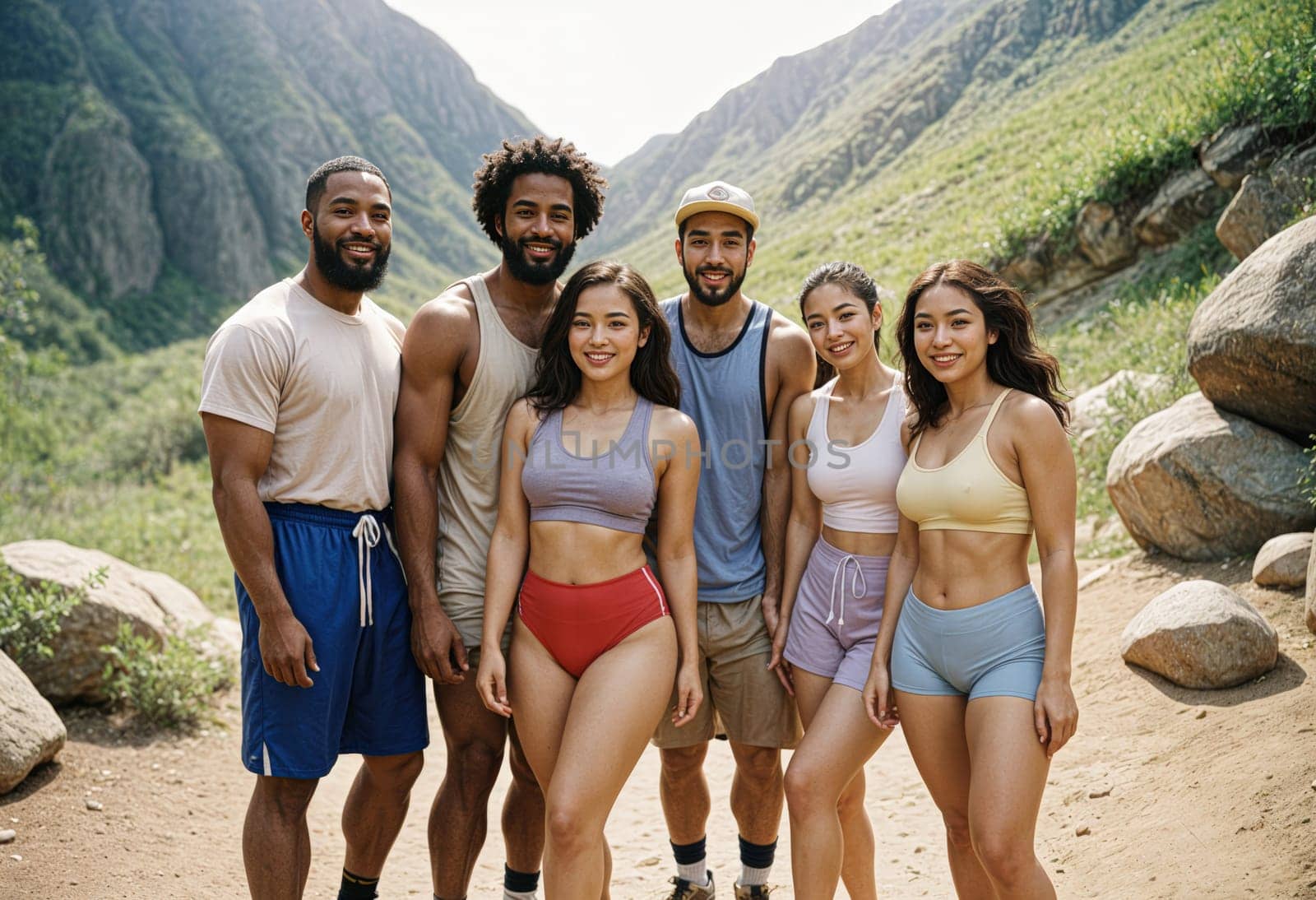 AI generated of a group of friends posing for a picture with mountains in the background