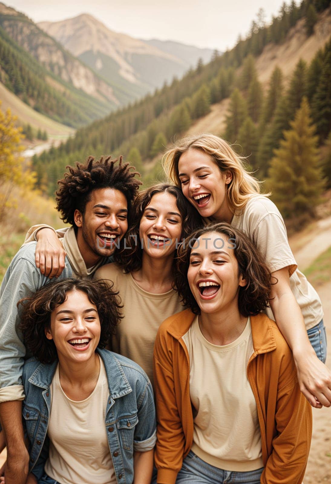 AI generated of a group of friends are posing and laughing for a photo together in the mountain