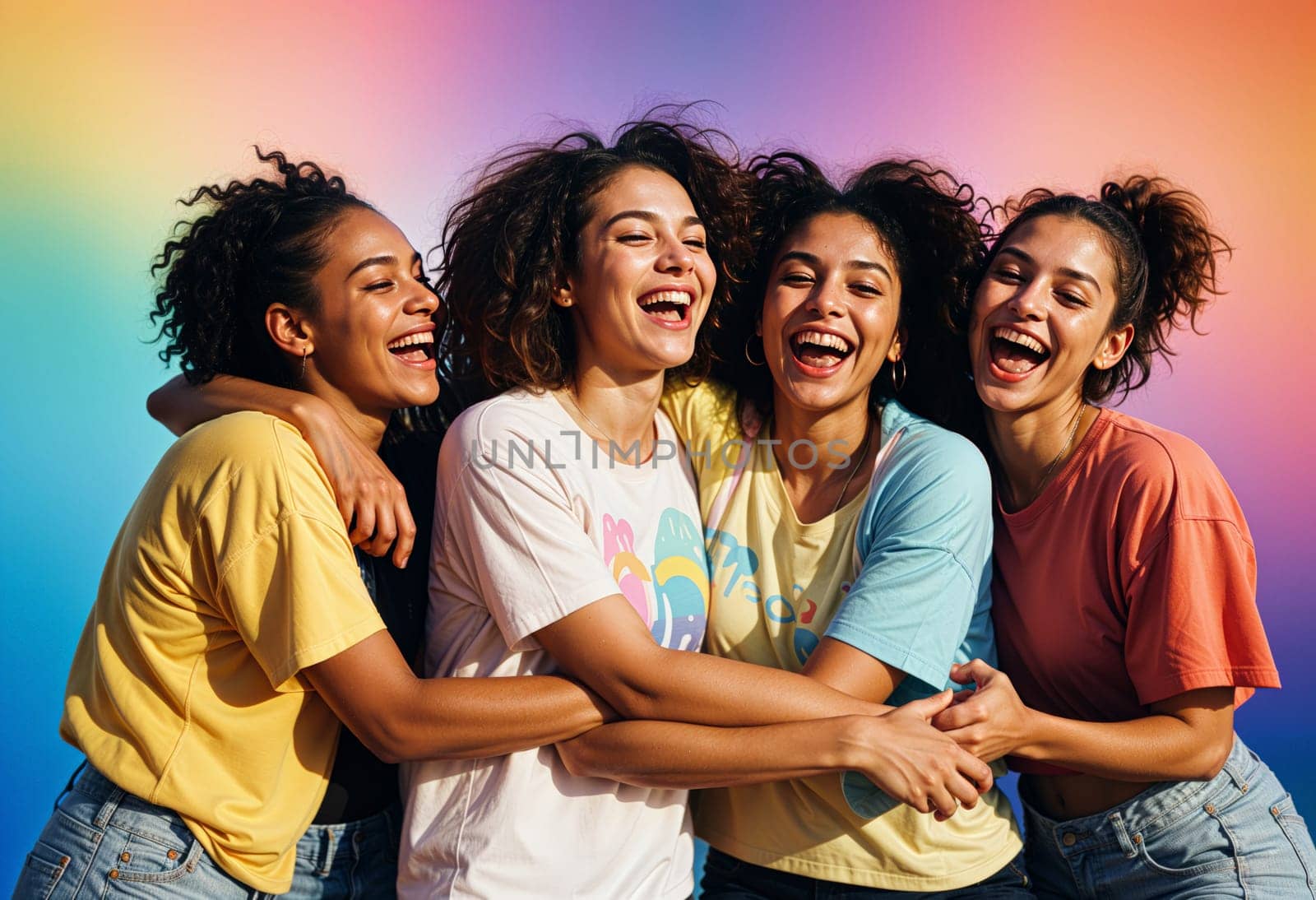 AI generated of a group of girls laughing together in front of a rainbow background