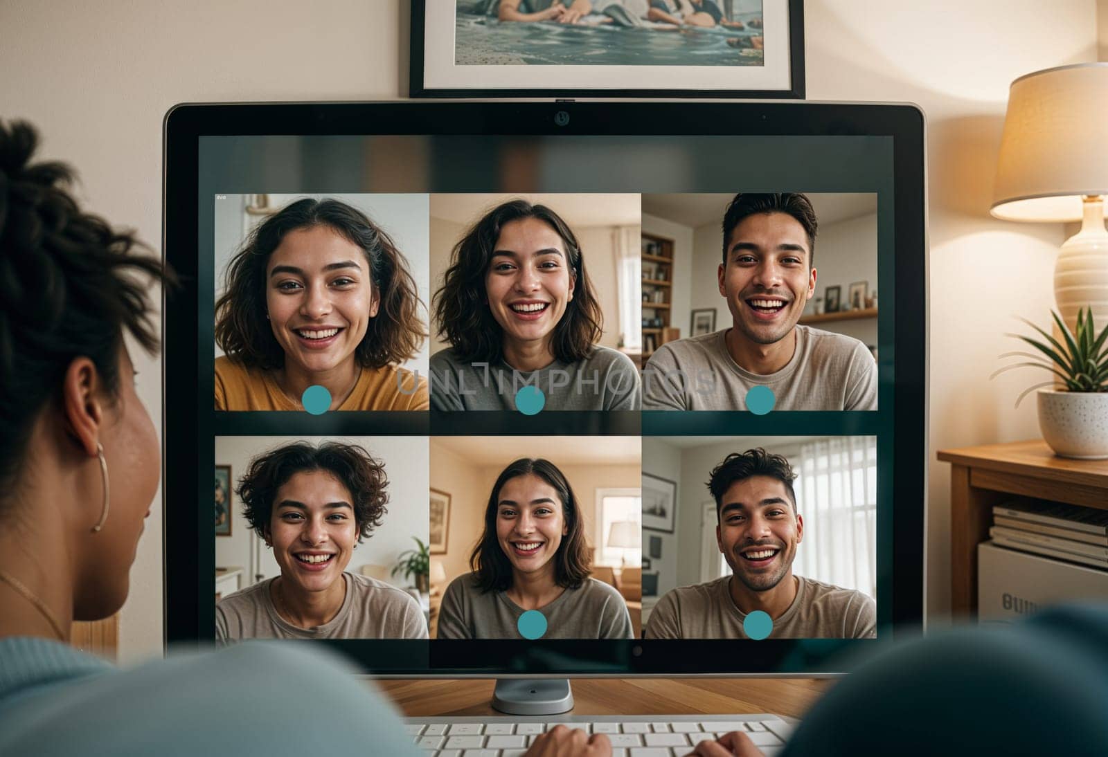 AI generated of a woman is on videocall with a group of friends on it