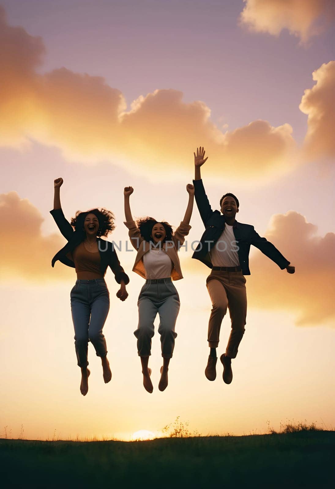 AI generated of three people jumping in the air at sunset