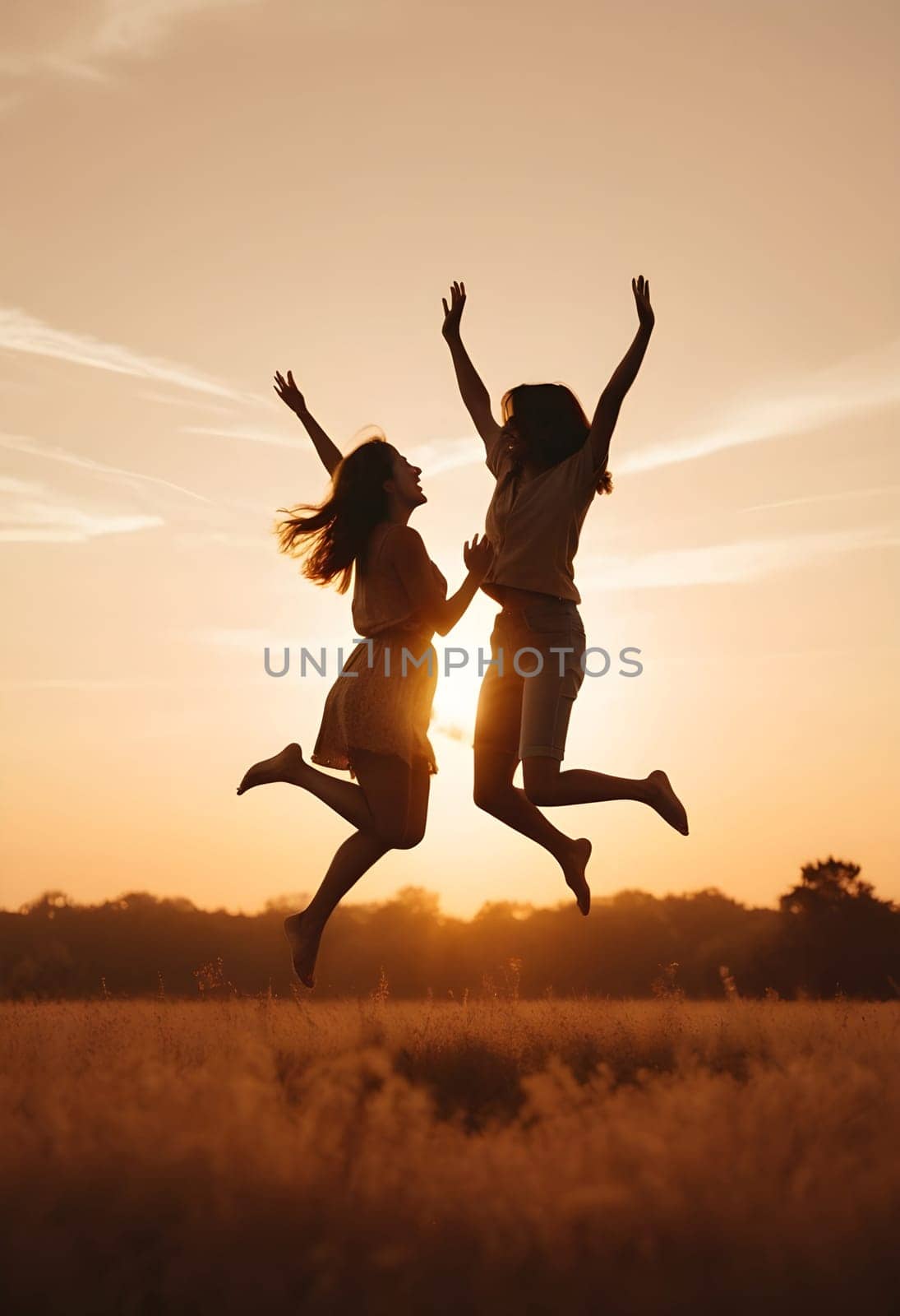 AI generated of two women jumping in the air with the sun behind them