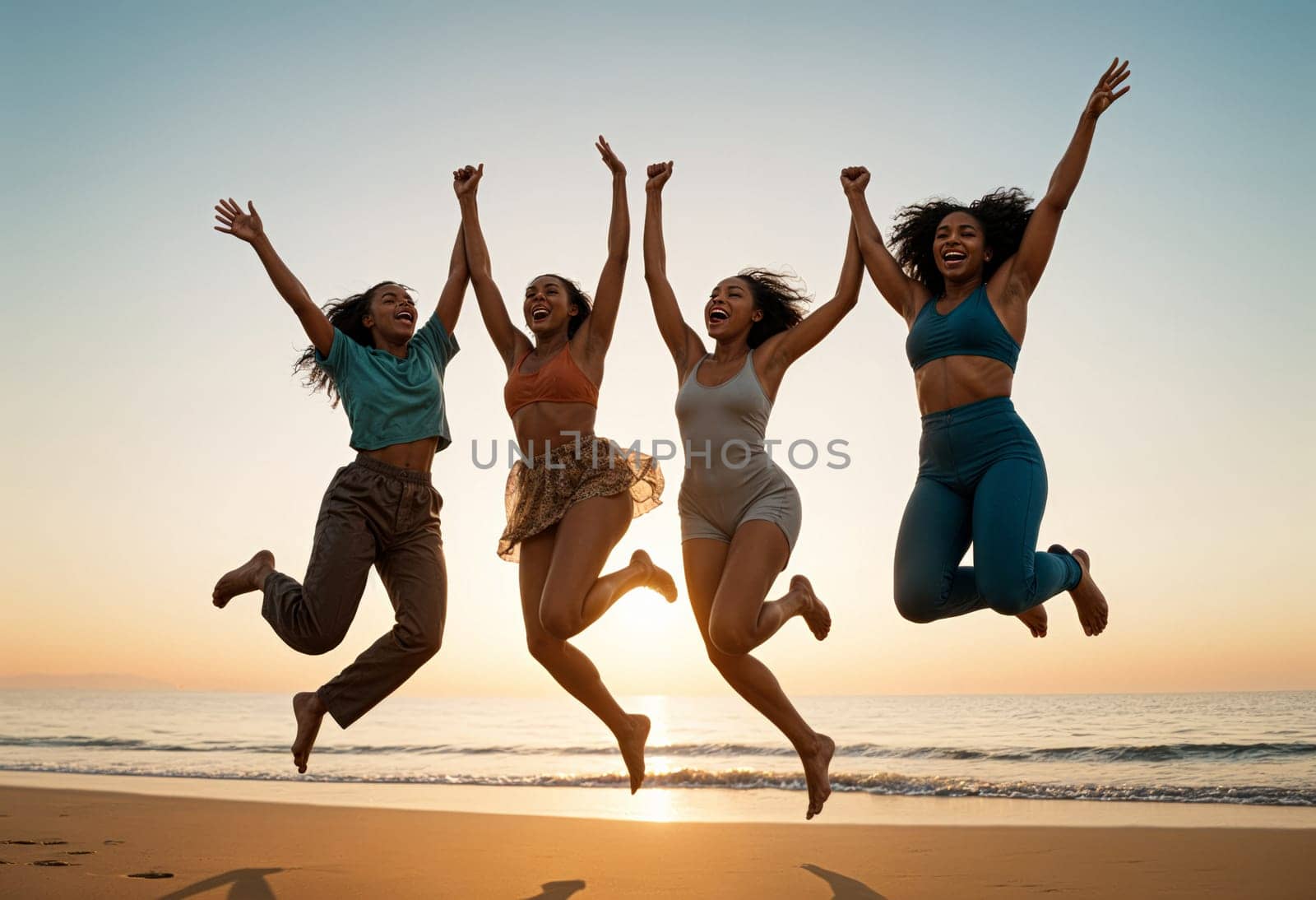AI generated of four women are jumping on the beach in the air and the sun is setting