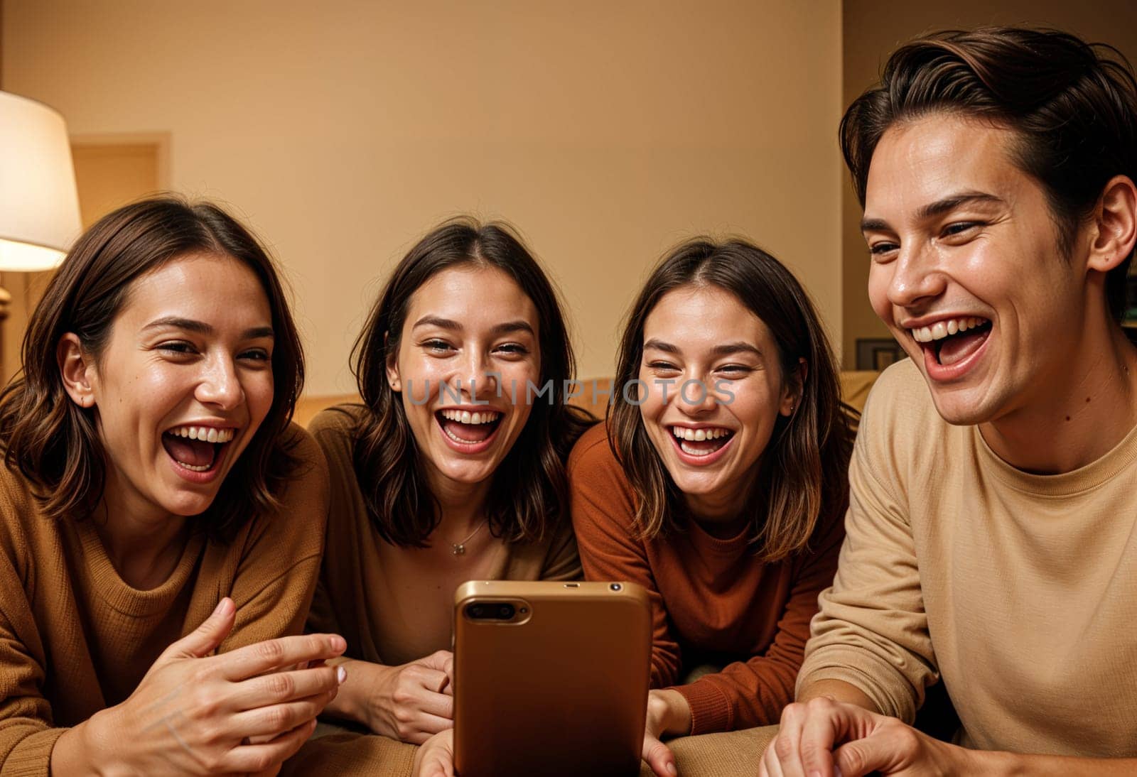 AI generated of four friends are laughing while on videocall using a cell phone