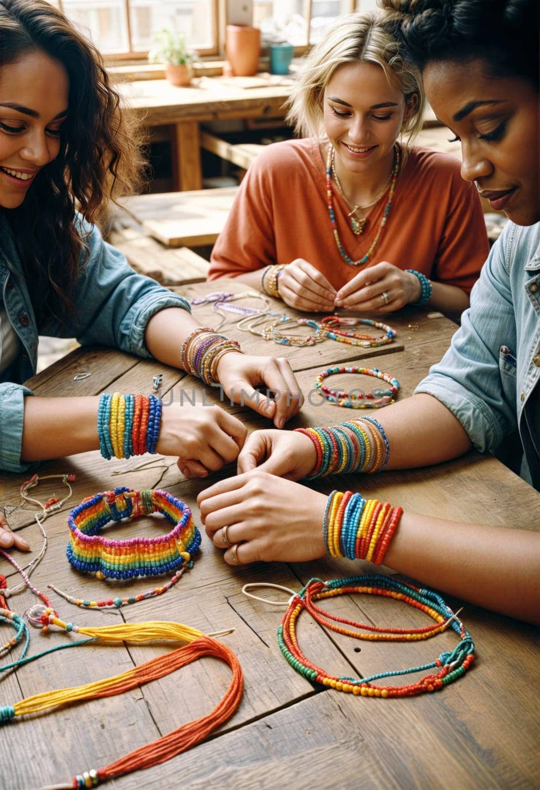 AI generated of three women are making bracelets together