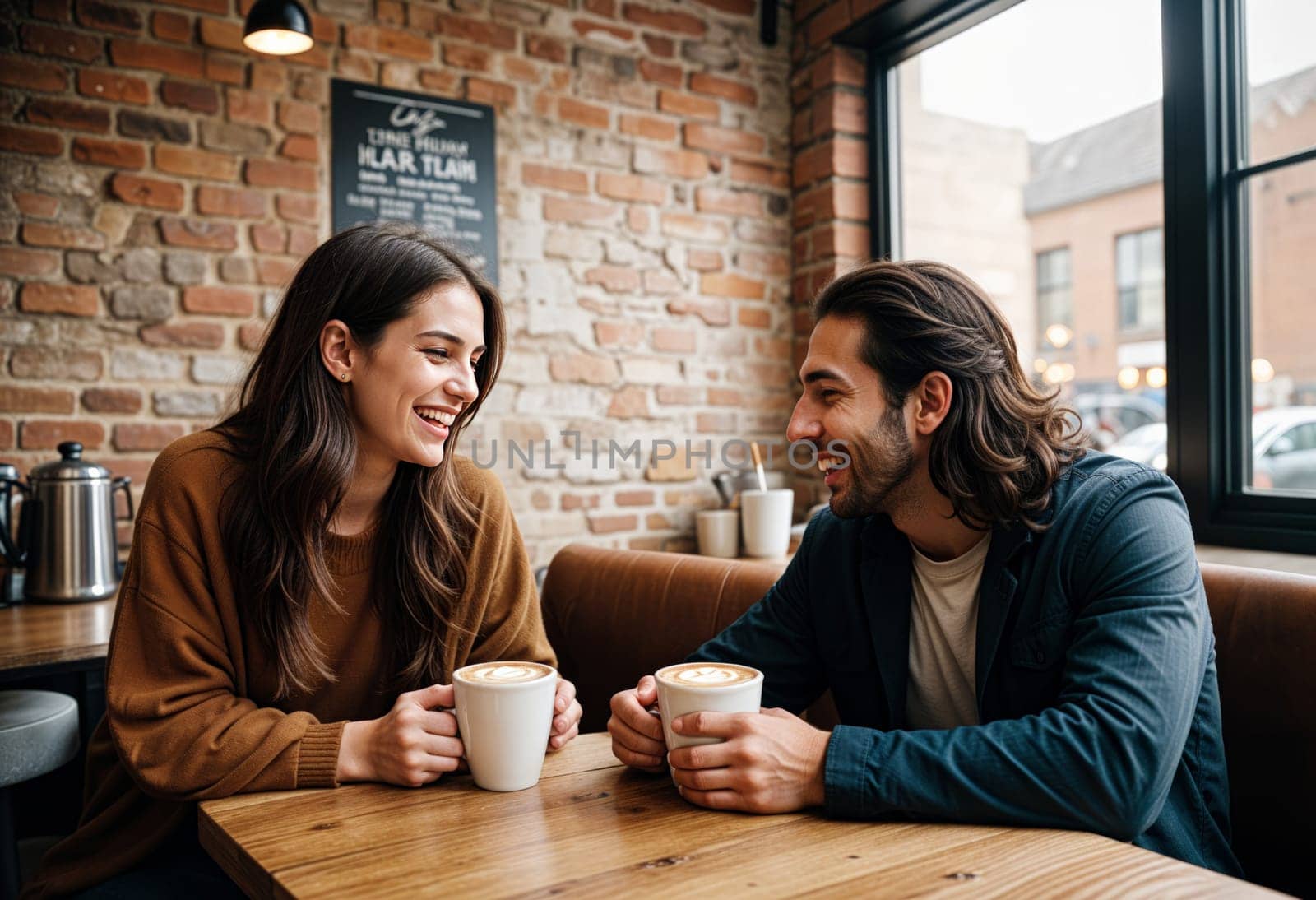 AI generated of a man and woman sitting at a table with coffee cups