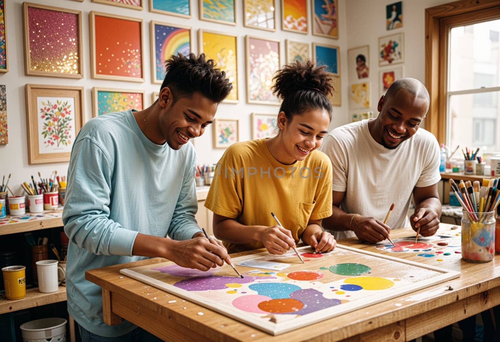 AI generated of three people are painting and decorating with a colorful picture of a circle