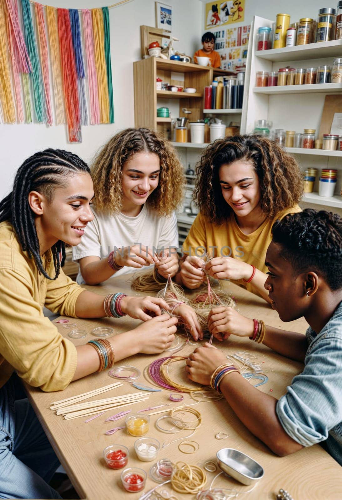 AI generated of four young people sitting at a table making crafts