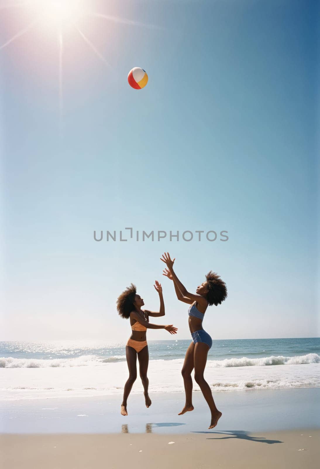 AI generated of two women playing with a ball in the air on the beach