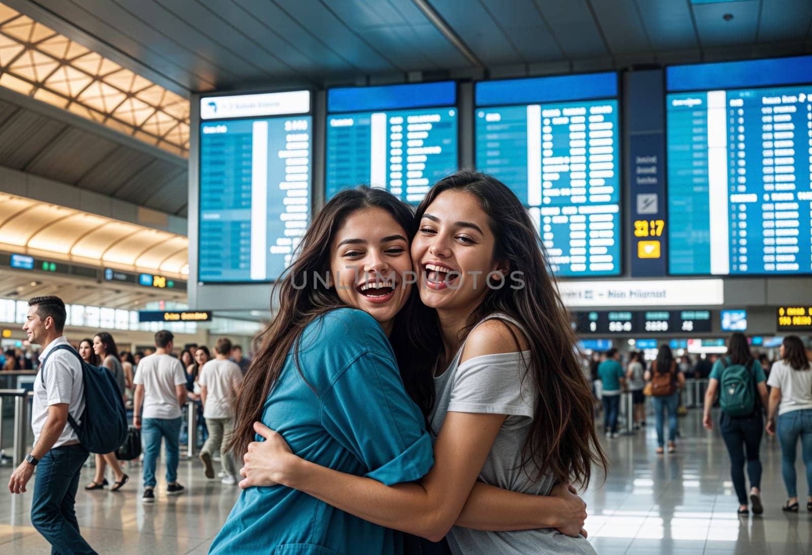 AI generated of two young women hugging in an airport in front of a sign