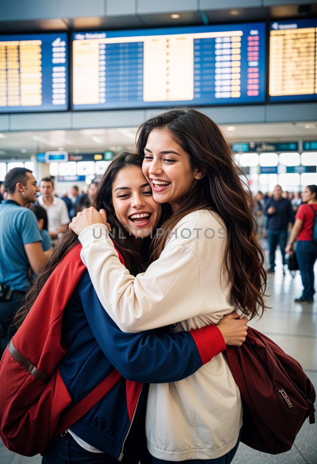 AI generated of two young women hugging at an airport