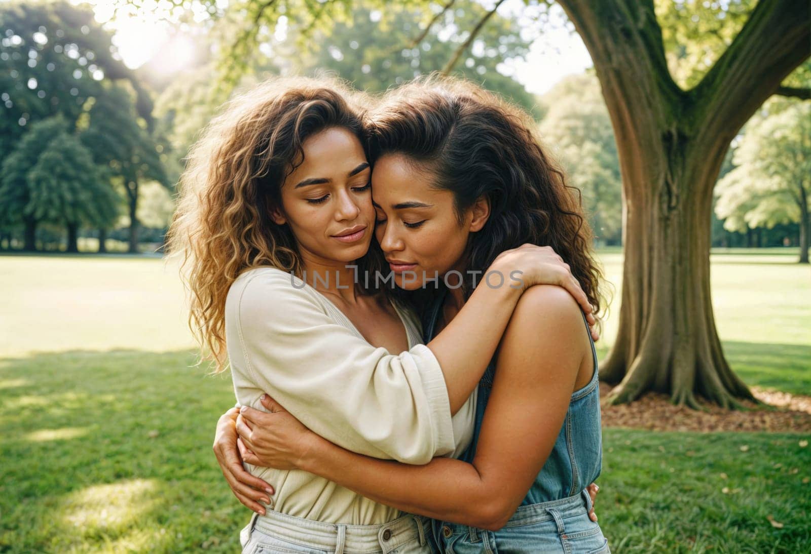 AI generated of two women hugging in the park