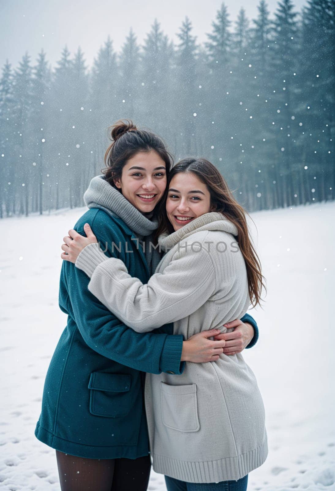AI generated of two women hugging in the snow