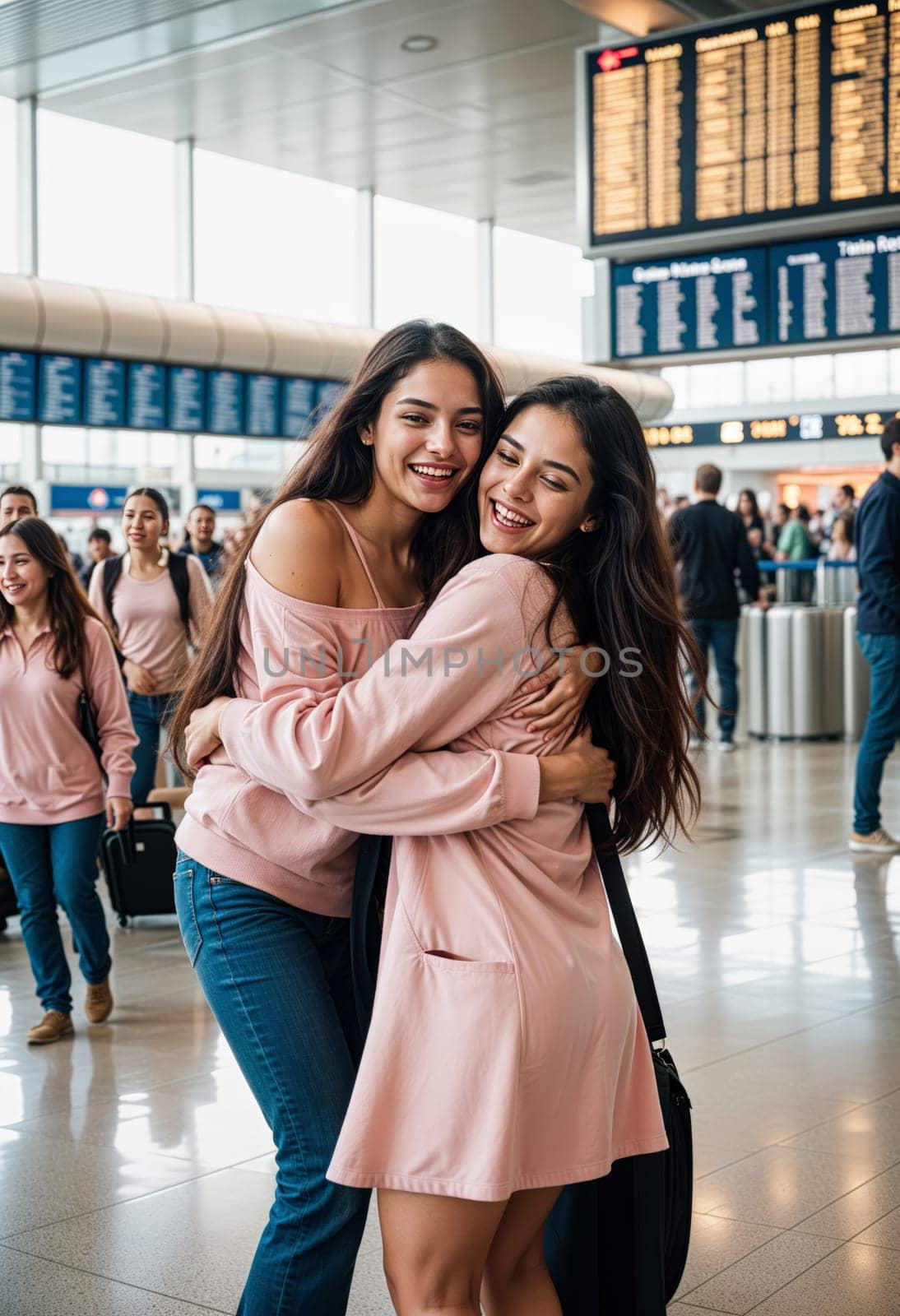 AI generated of two young women hugging at an airport