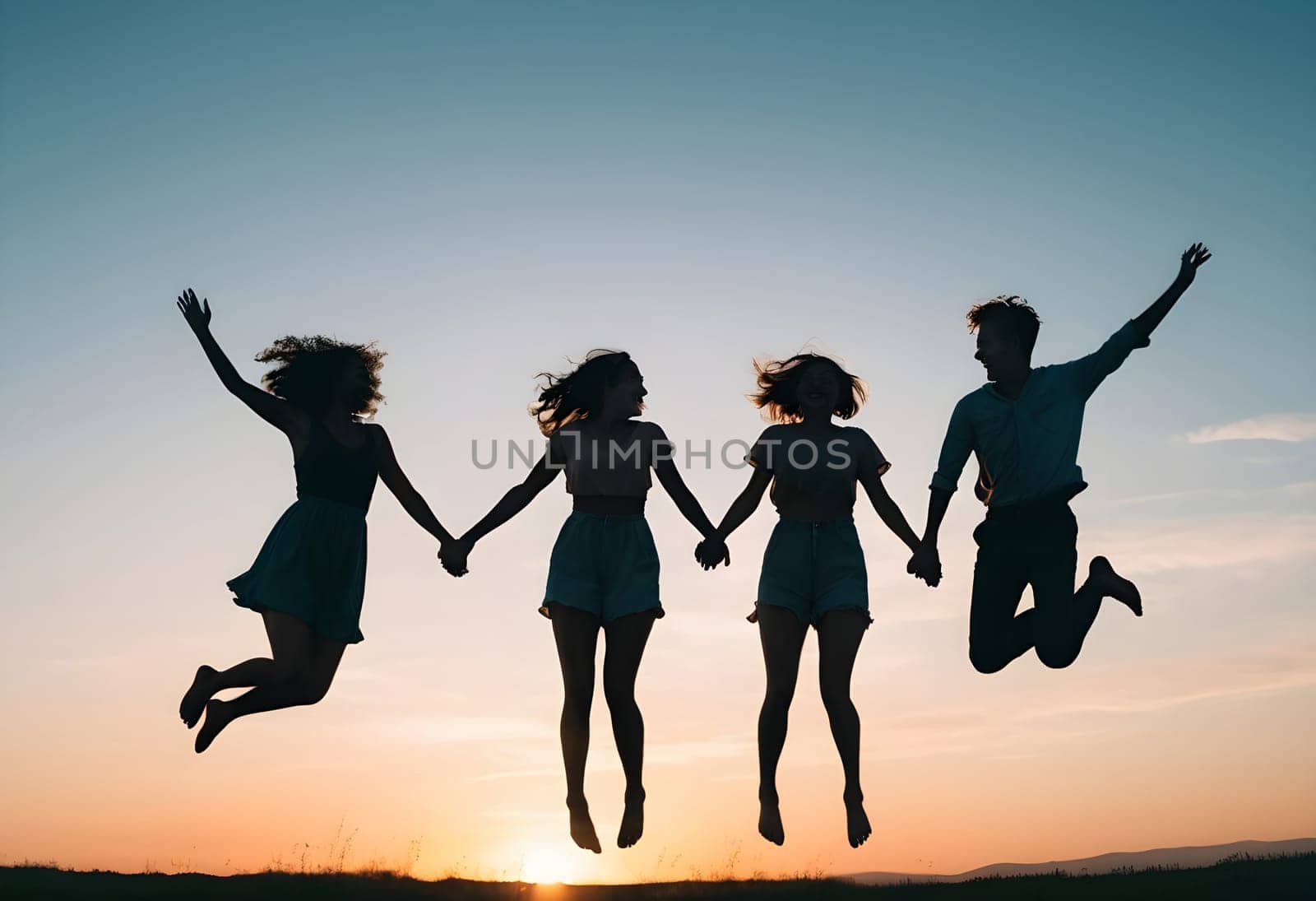 AI generated of a group of friends jumping in the air with the sun behind them