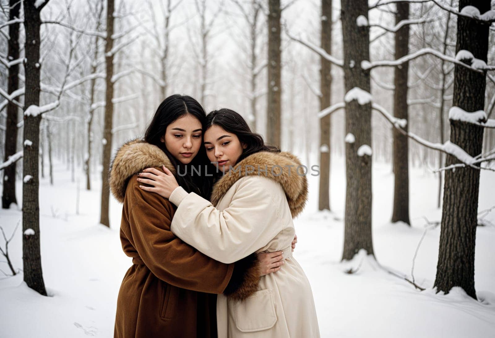 AI generated of two women hugging in the snow in a forest
