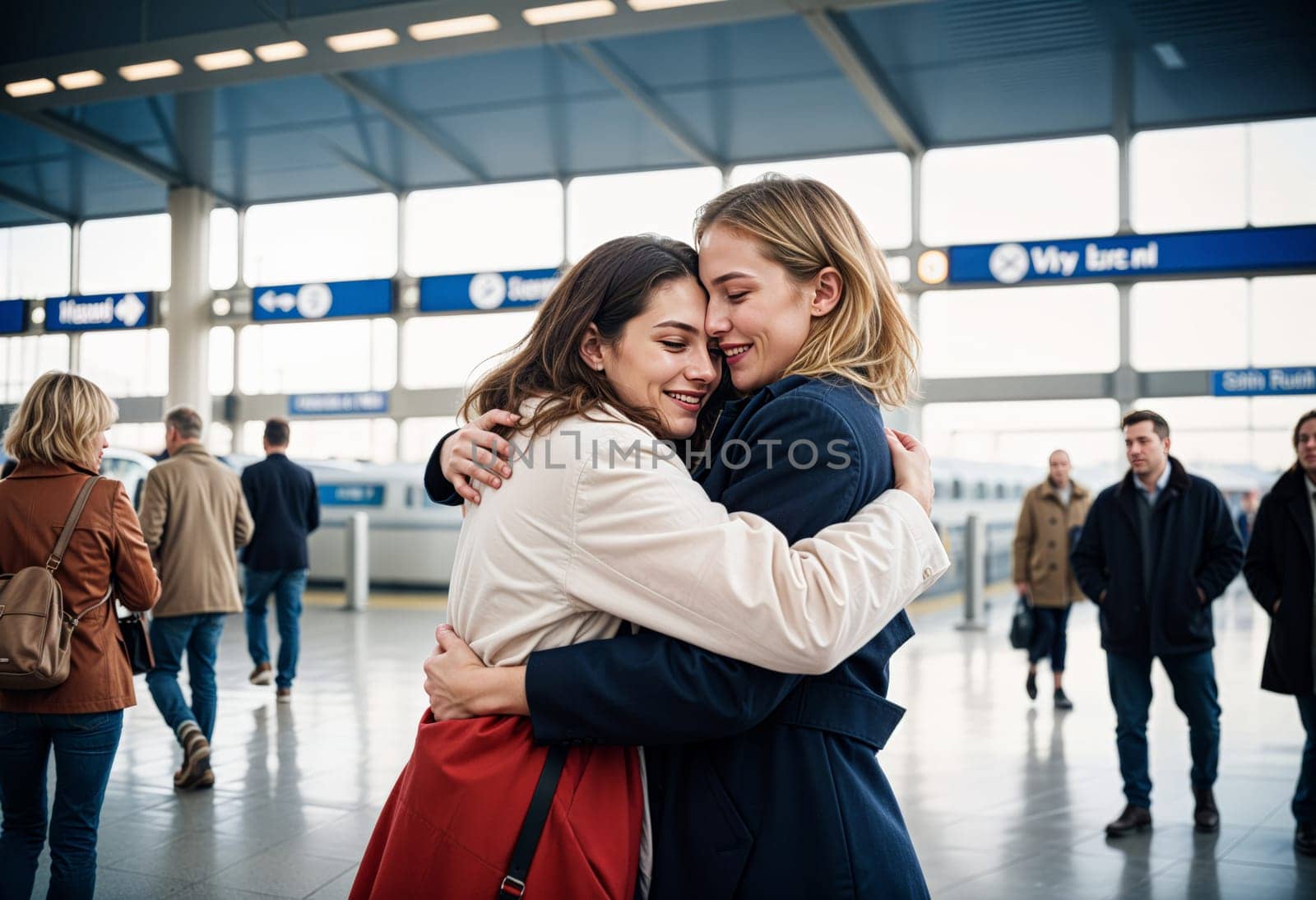 AI generated of two women hugging in a terminal airport