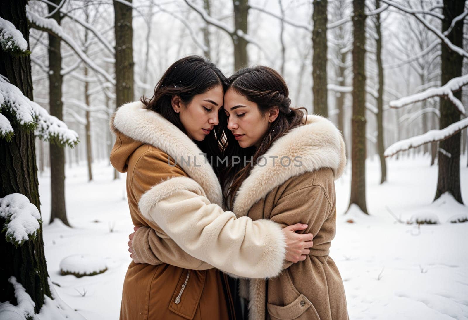 AI generated of two women in winter coats wood are hugging each other in the snow